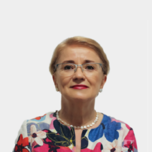 The professor of the School of Languages, Bozena Lechowska, is presented to the general public and the educational community. The photo was taken in close-up, on a white background, with the professor in the center.
